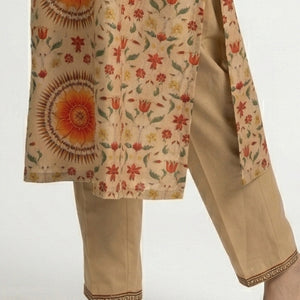 Beige Muslin Coord Set with Sequins, Mirror, Bead & Digital Print Detailing