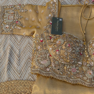Golden Tissue Saree Embellished With Moti, Zari, Sequins & Cut Dana Work