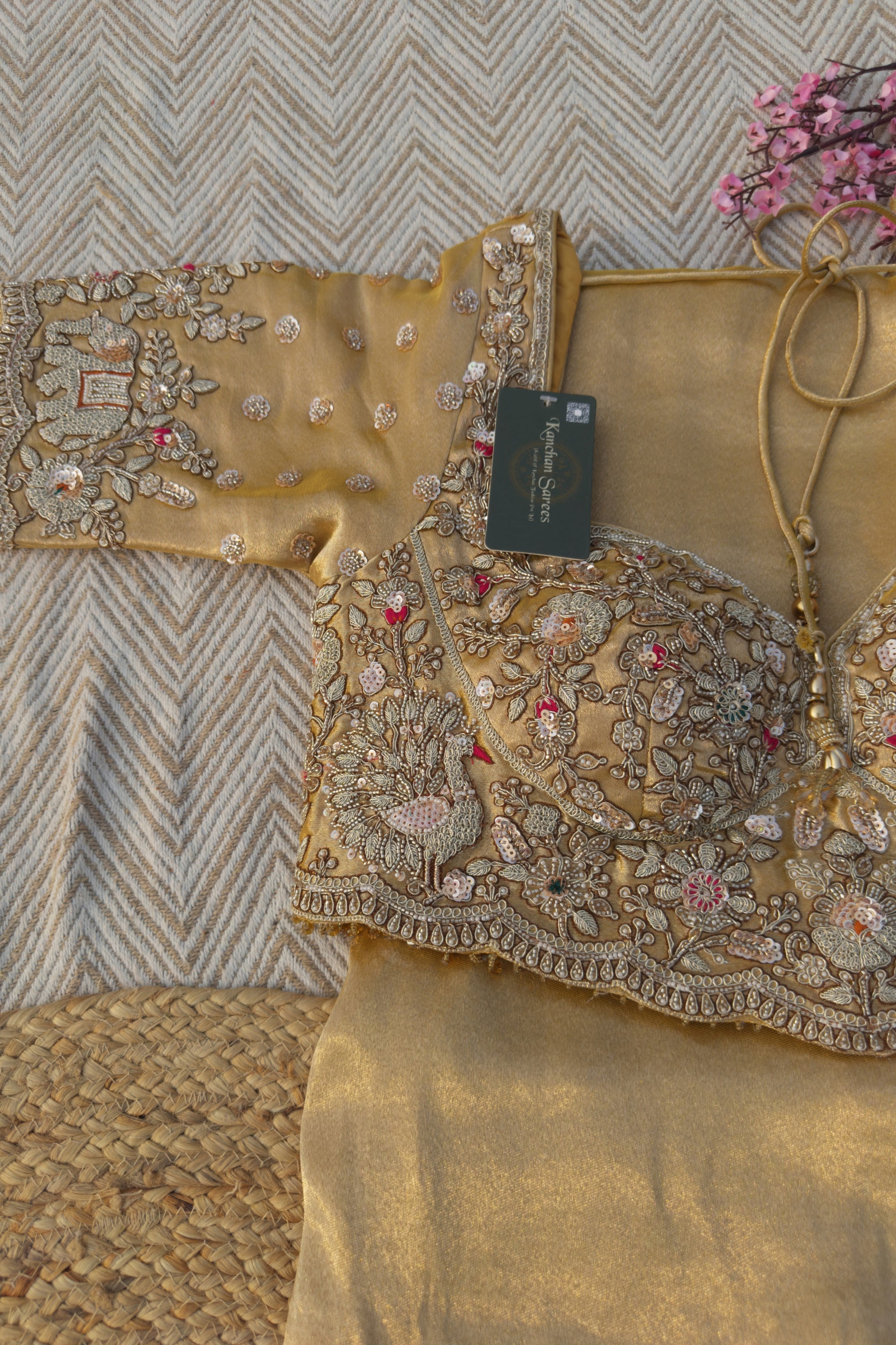 Golden Tissue Saree Embellished With Moti, Zari, Sequins & Cut Dana Work