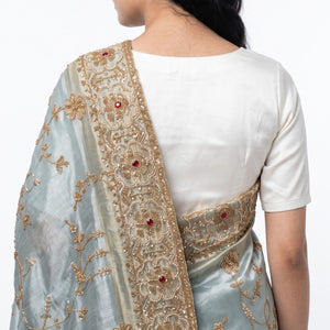 Sky Blue Tissue Unstitched Saree Embellished With Sequins, Cutdana, Moti & Stone Work