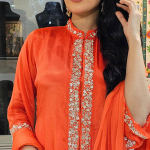 Orange Chinon Indowestern Top,Bottom and Dupatta with Swarovski,Sequins and Pearl Work
