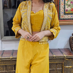 Yellow Crepe Indowestern 3 Piece with Cutdana and Pearl Work