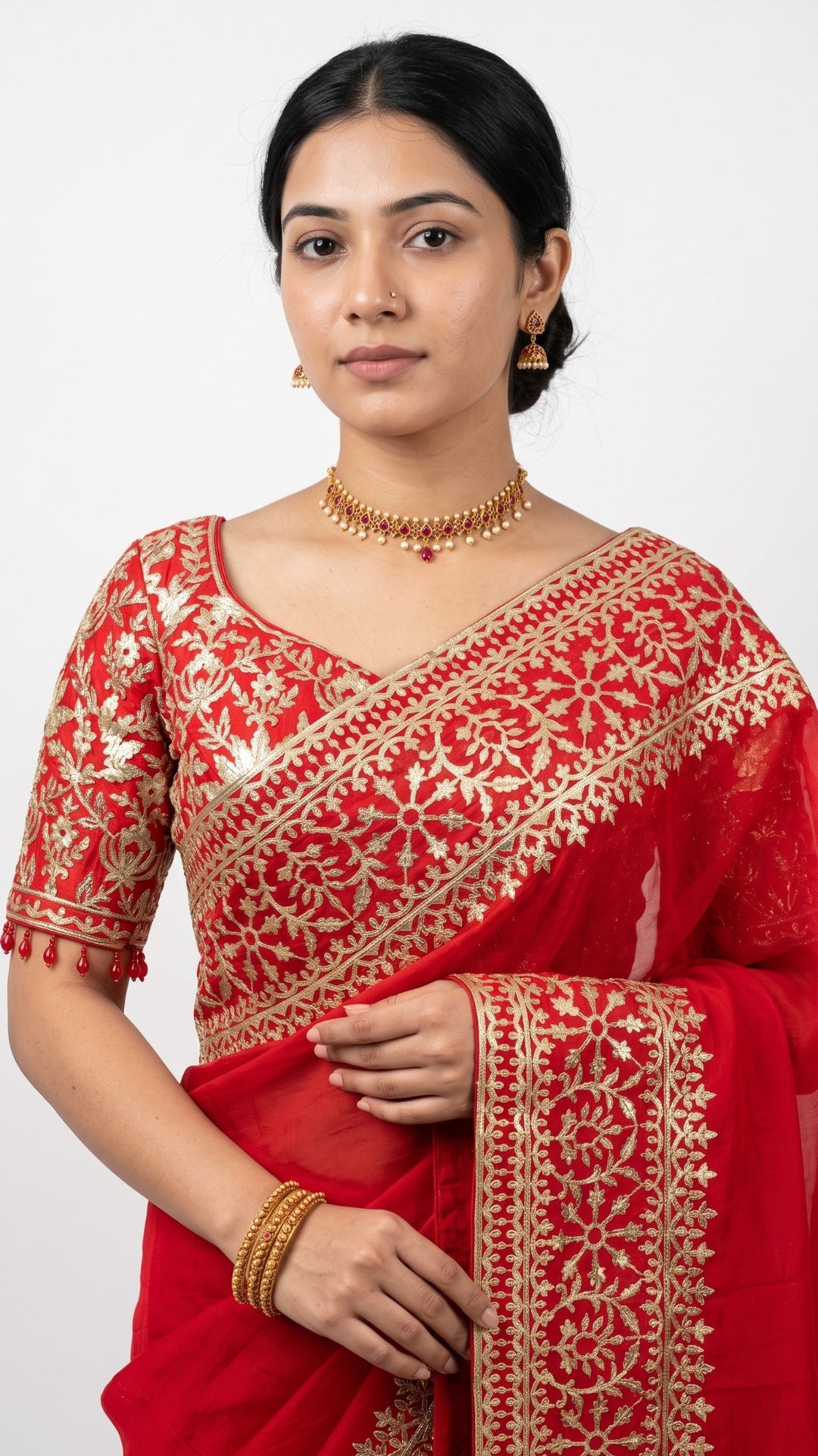 Beautiful Red Raw Silk Saree Trimmed With Leather Patch Work