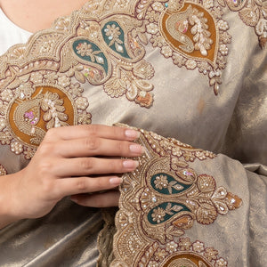 Golden Ivory Tissue Unstitched Saree with Zardozi, Pearl, Sequins & Dabka Work