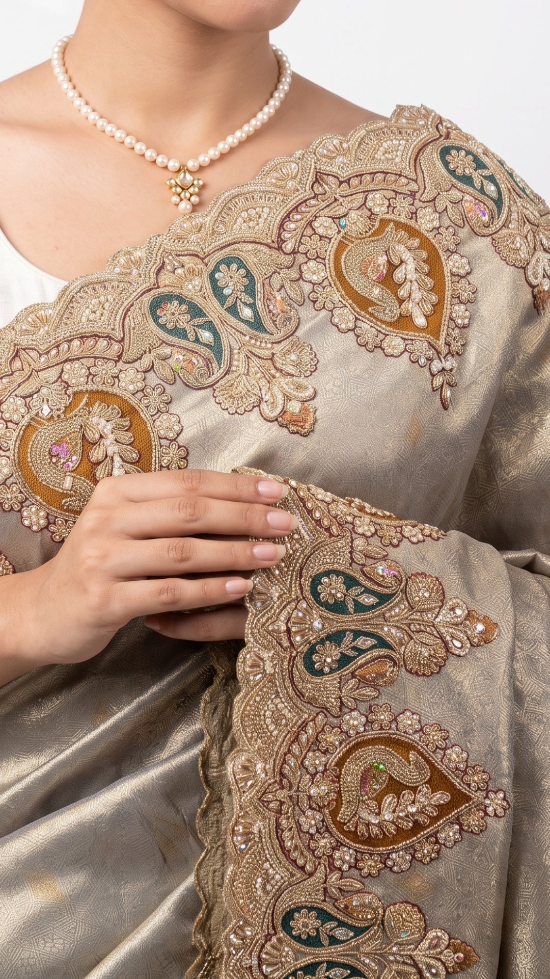 Golden Ivory Tissue Unstitched Saree with Zardozi, Pearl, Sequins & Dabka Work