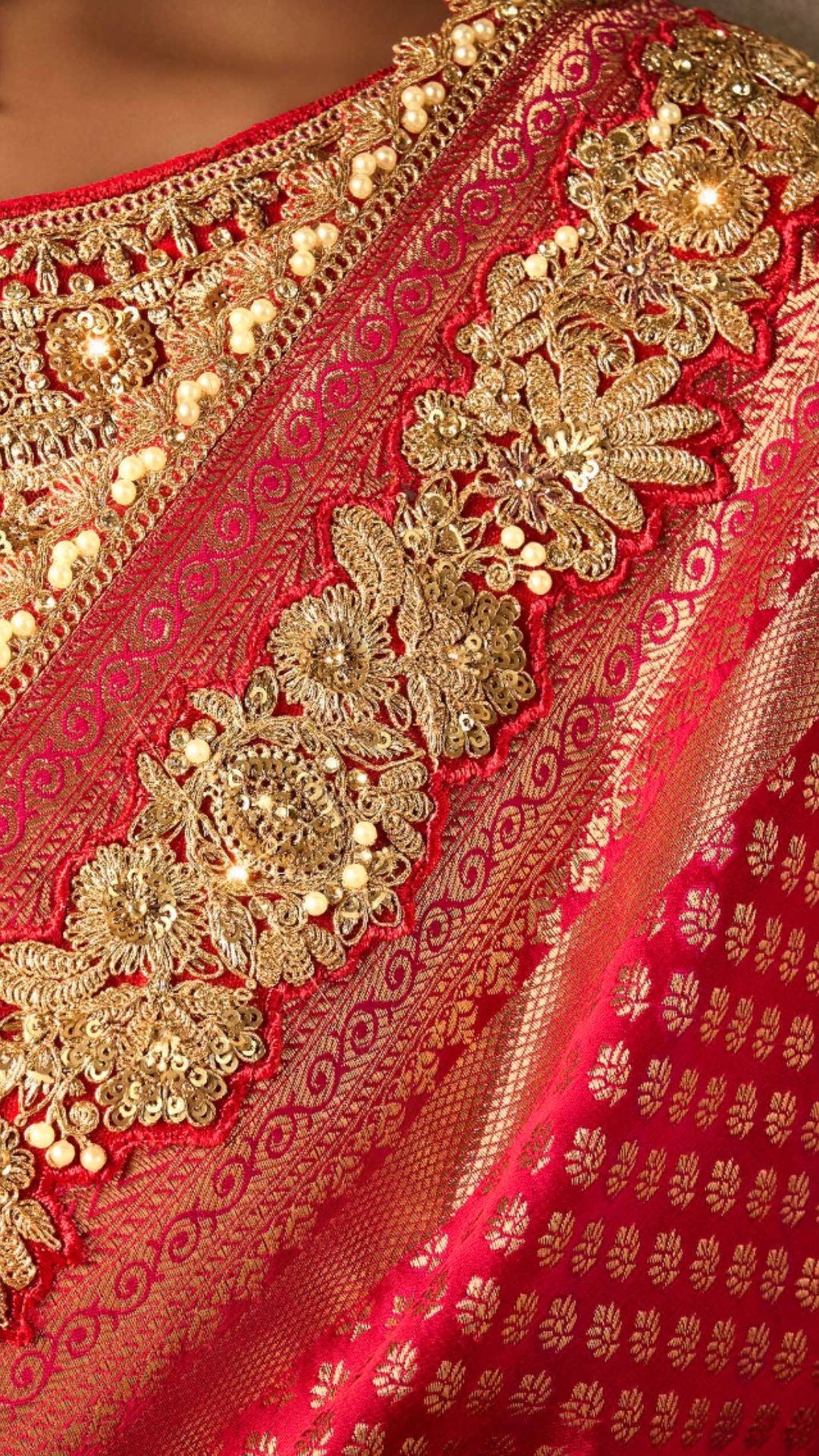 Red Satin Embroidered Saree With Rani Blouse