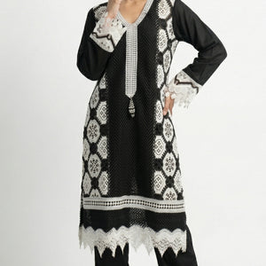 Black Muslin Suit with Stone & Lace Detailing