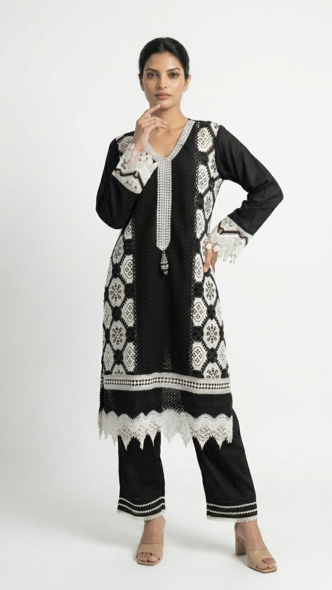 Black Muslin Set with Stone & Lace Detailing