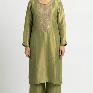 Green Tissue Suit Set with Cutdana, Sequins, Bead & Dabka Detailing