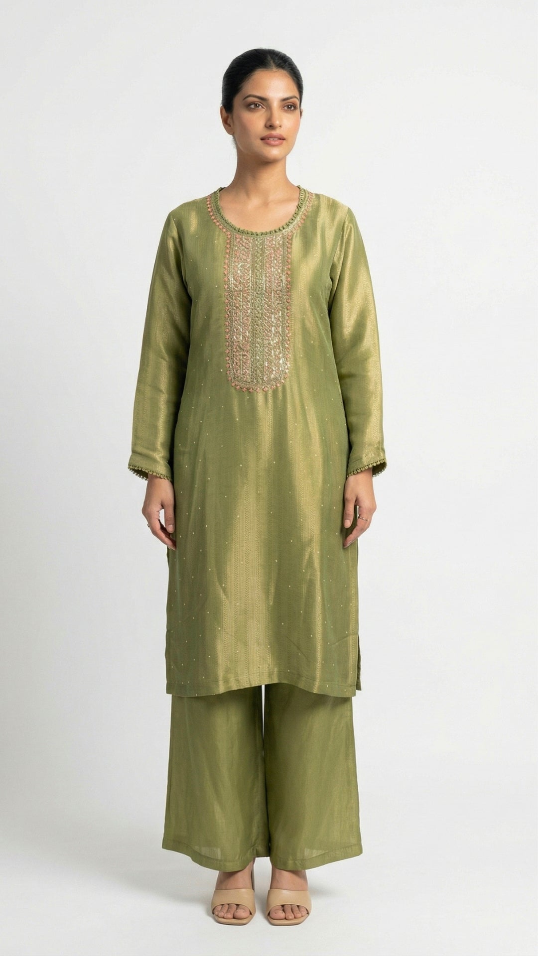 Green Tissue Suit Set with Cutdana, Sequins, Bead & Dabka Detailing