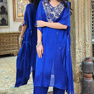 Blue Chinon Indowestern Kaaftan and Bottom with Cutdana,Sequins and Thread Work