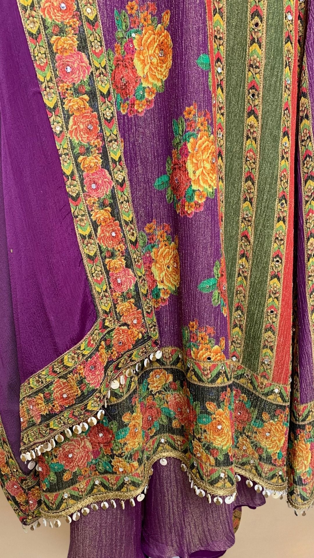 Purple Wrinkle Tissue Digital Printed Suit with Mirror Detailing and Palazzo