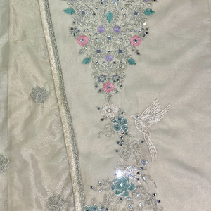 Beige Tissue Unstitched Suit  Thread Work With Zari Work and  Mirror Work