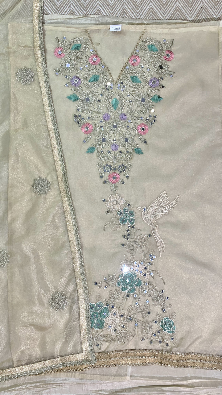 Beige Tissue Unstitched Suit  Thread Work With Zari Work and  Mirror Work
