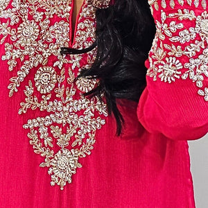 Red Chinon Indowestern Top and Pleated Bottom with Dabka,Sequins and Cutdana Work
