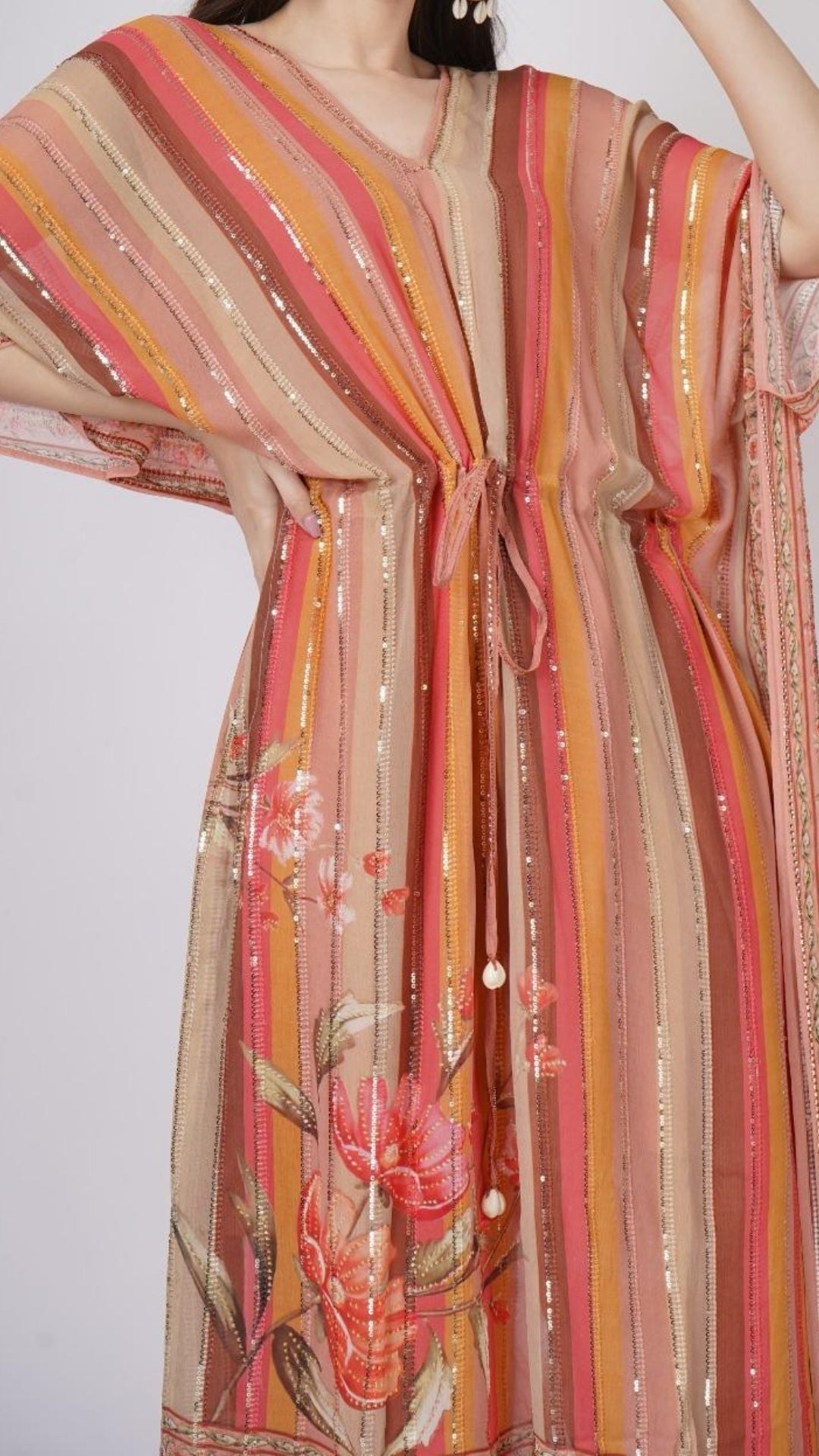 Multicolor Peach Georgette Kaaftan with Mirror and Sequins Work