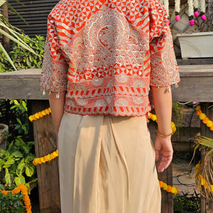 Rust Crepe Saree Sculpt with Blouse Jacket & Zari, Sequin, Stone, Moti Work