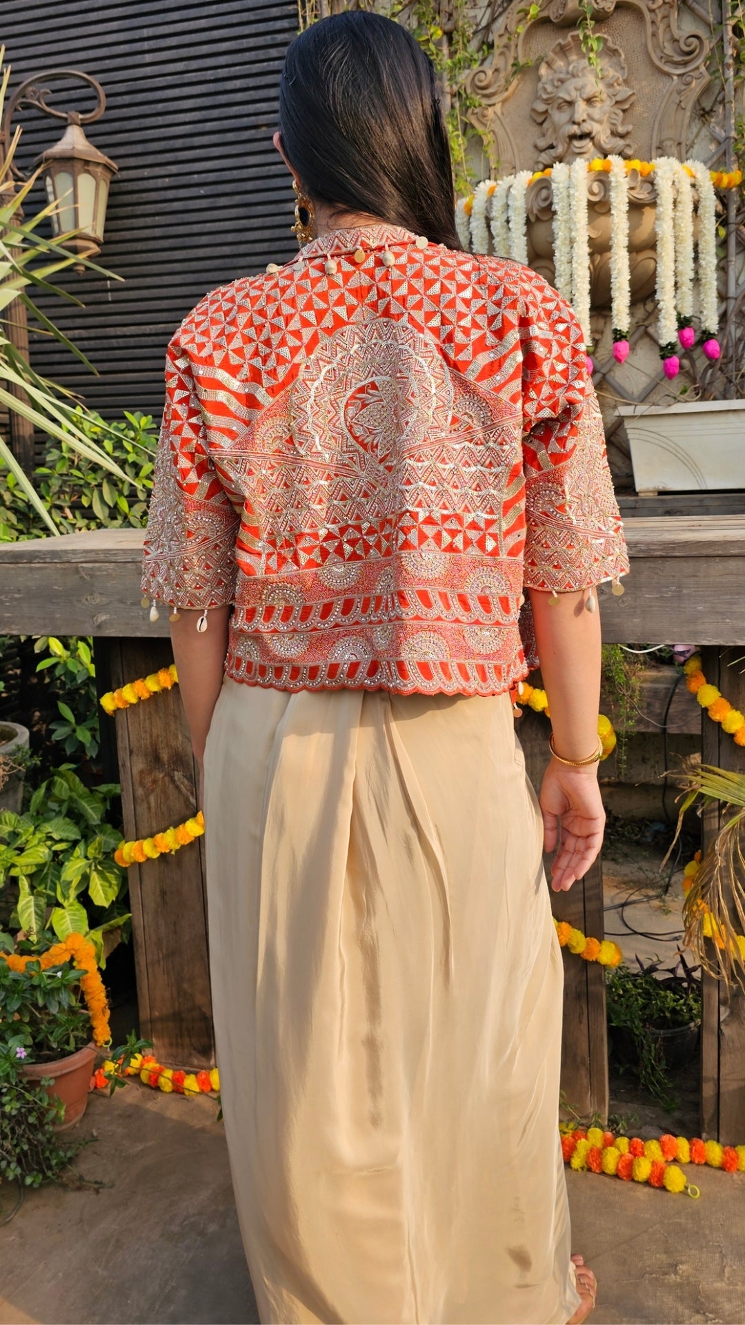 Rust Crepe Saree Sculpt with Blouse Jacket & Zari, Sequin, Stone, Moti Work