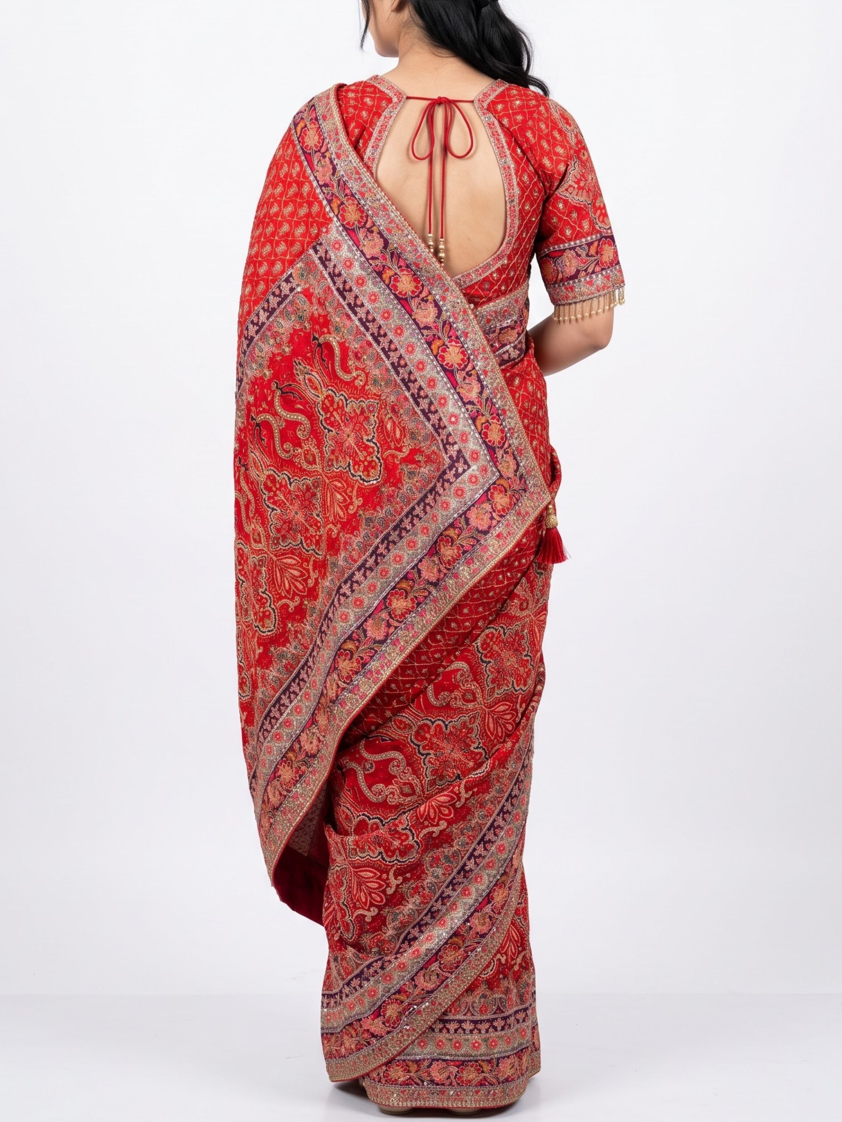 Maroon Digital Printed Silk Ready Made Saree Embellished With Sequins & Zari Work