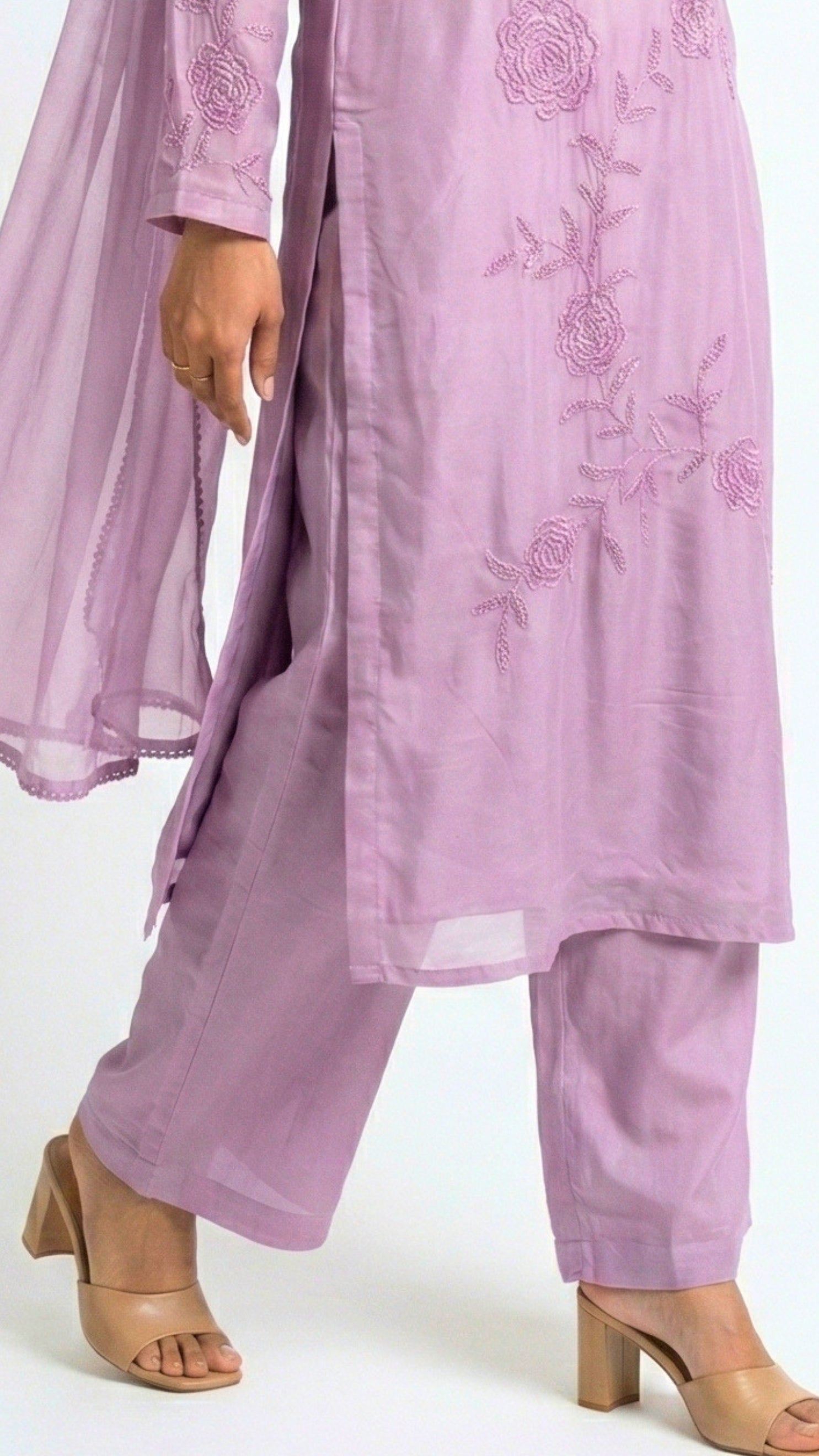 Muted Pastel Pink Organza Suit with Sequins, Cutdana & Moti Detailing