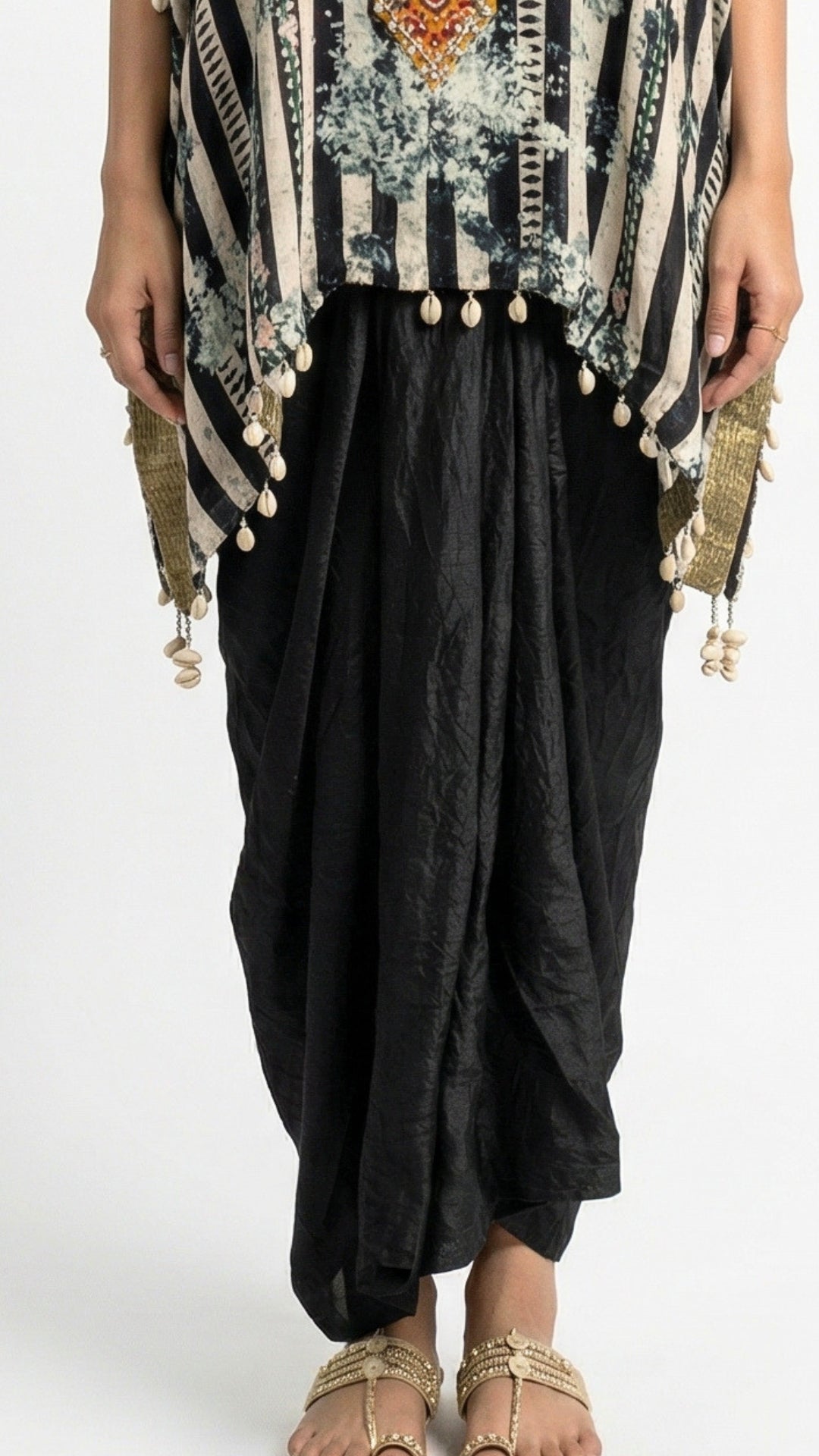 Black Hand Printed Crepe Coord Set with Moti, Sequins & Thread Detailing