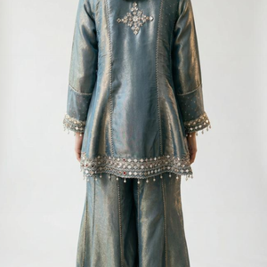 Blue Crushed Tissue Indowestern with Cutdana, Moti, Dabka and Mirror Work