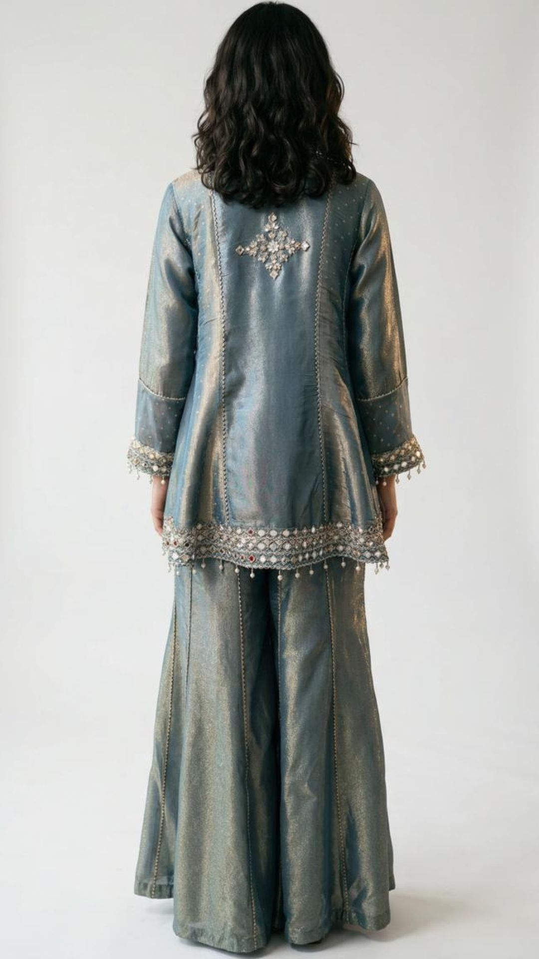 Blue Crushed Tissue Indowestern with Cutdana, Moti, Dabka and Mirror Work
