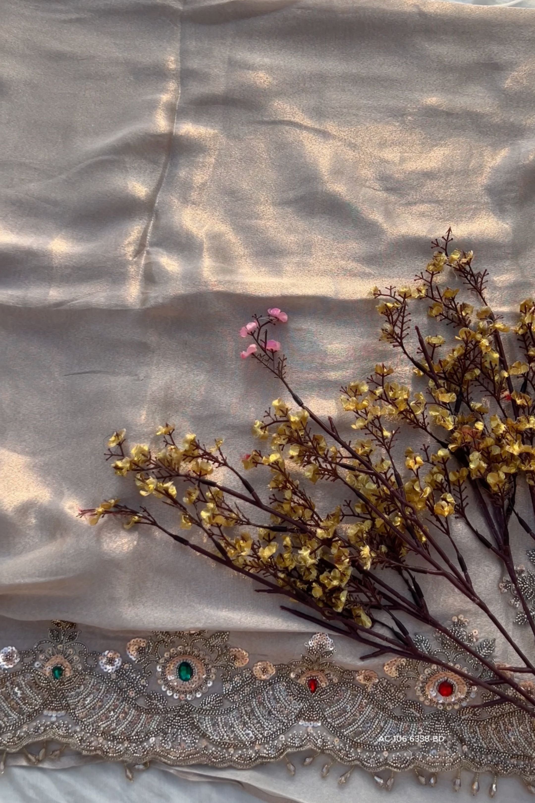 Golden Tissue Saree Embellished With Sequins, Dori, Stone & Cutdana Work