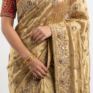 Golden Tissue Saree With Moti, Cutdana & Sequins Work