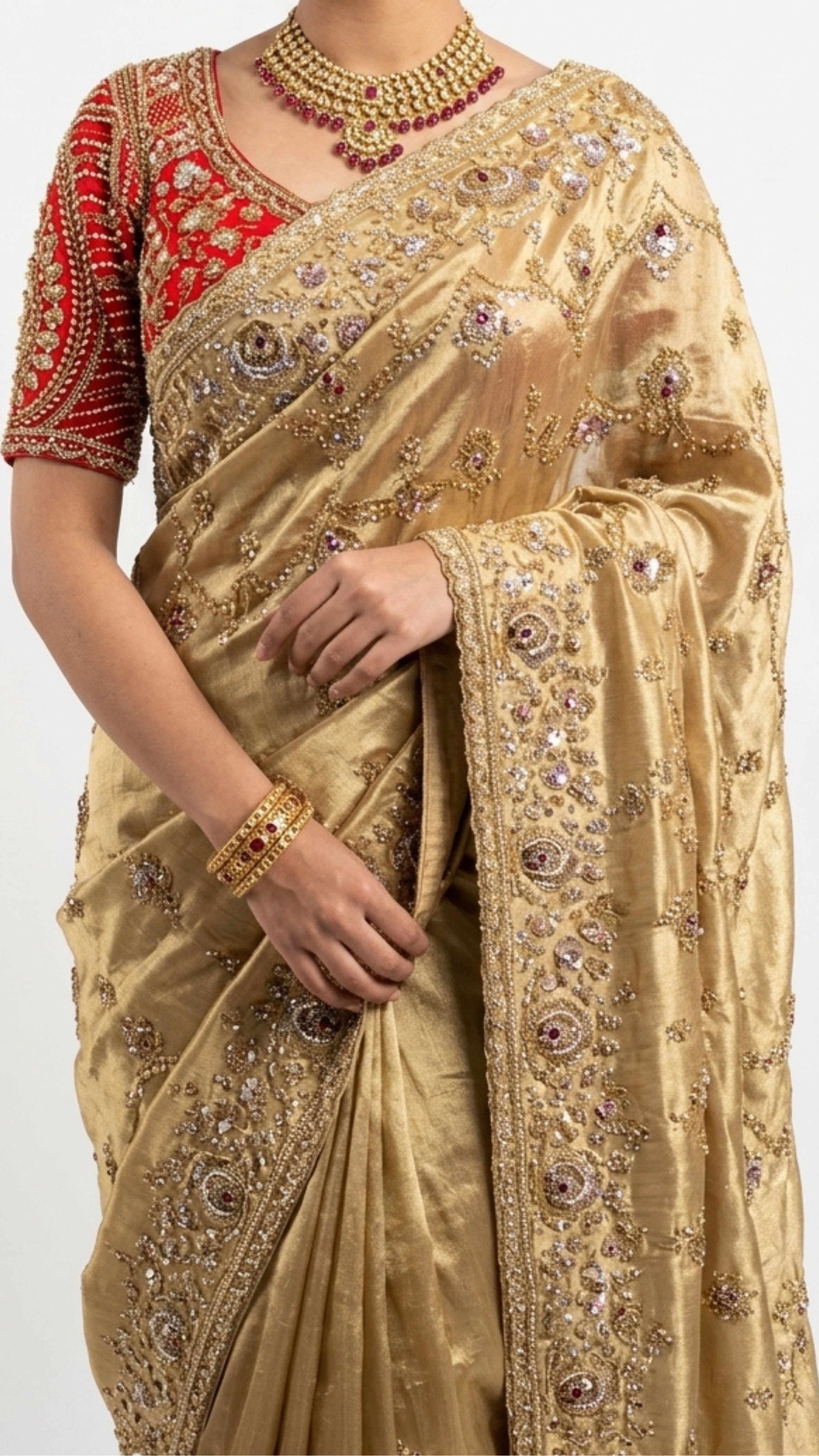 Golden Tissue Saree With Moti, Cutdana & Sequins Work
