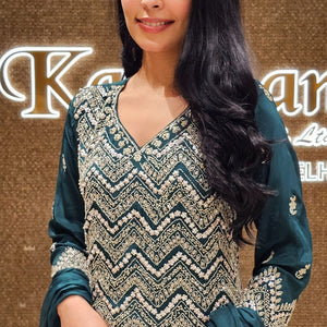 Peacock Green Crepe Indowestern Top,Bottom and Dupatta with Sequins and Cutdana Work