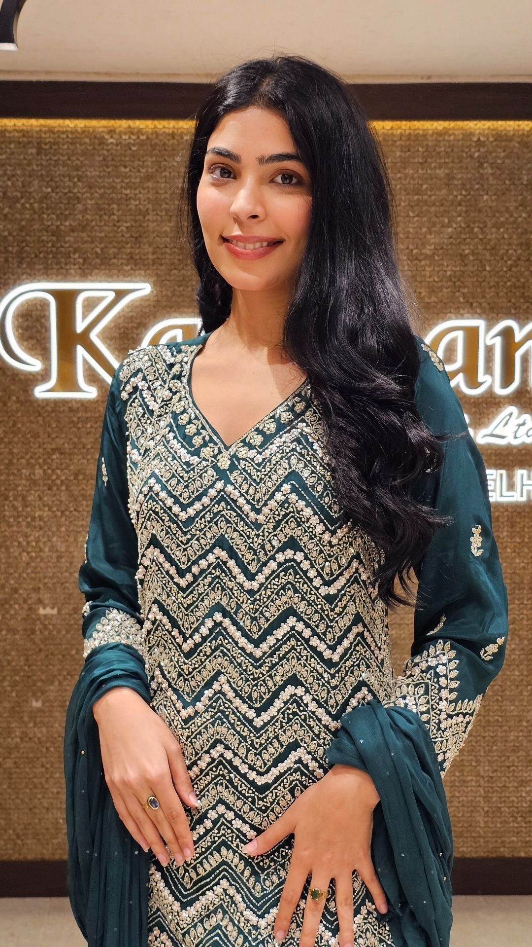 Peacock Green Crepe Indowestern Top,Bottom and Dupatta with Sequins and Cutdana Work