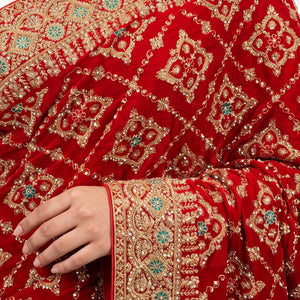 Red Bridal Satin Unstitched Saree with Zarkan & Cut Dana Work