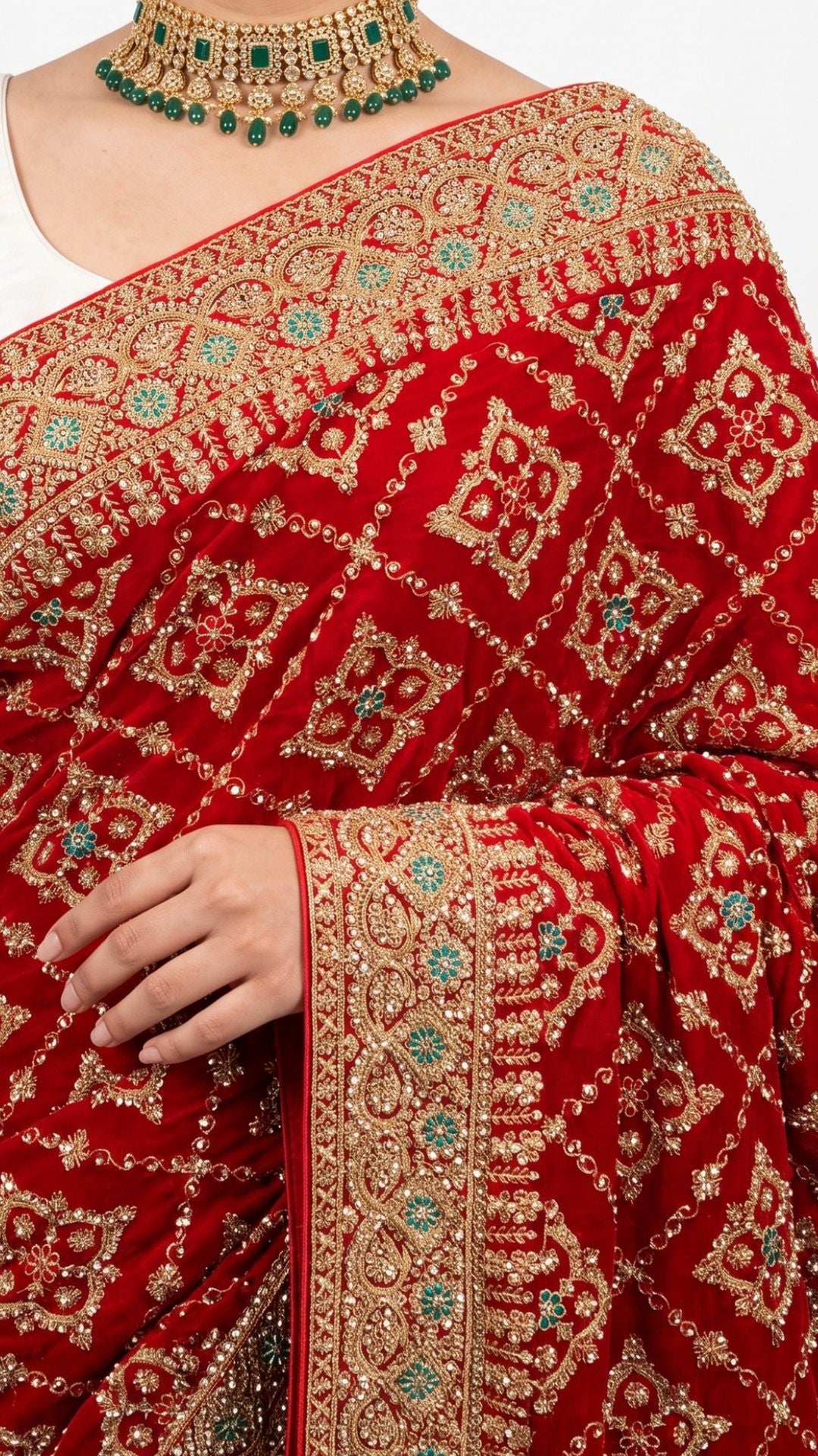 Red Bridal Satin Unstitched Saree with Zarkan & Cut Dana Work