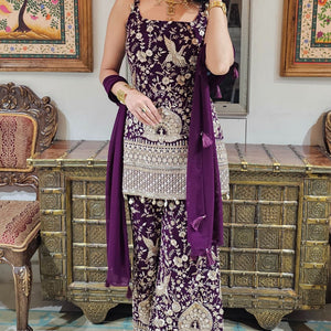 Purple Georgette Indowestern Top and Bottom with Resham,Cutdana, Pearl and Sequins Work and Dupatta