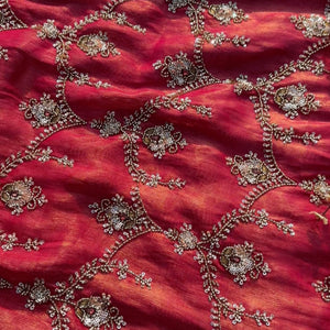 Red Tissue Saree With Moti, Cutdana & Sequins Work