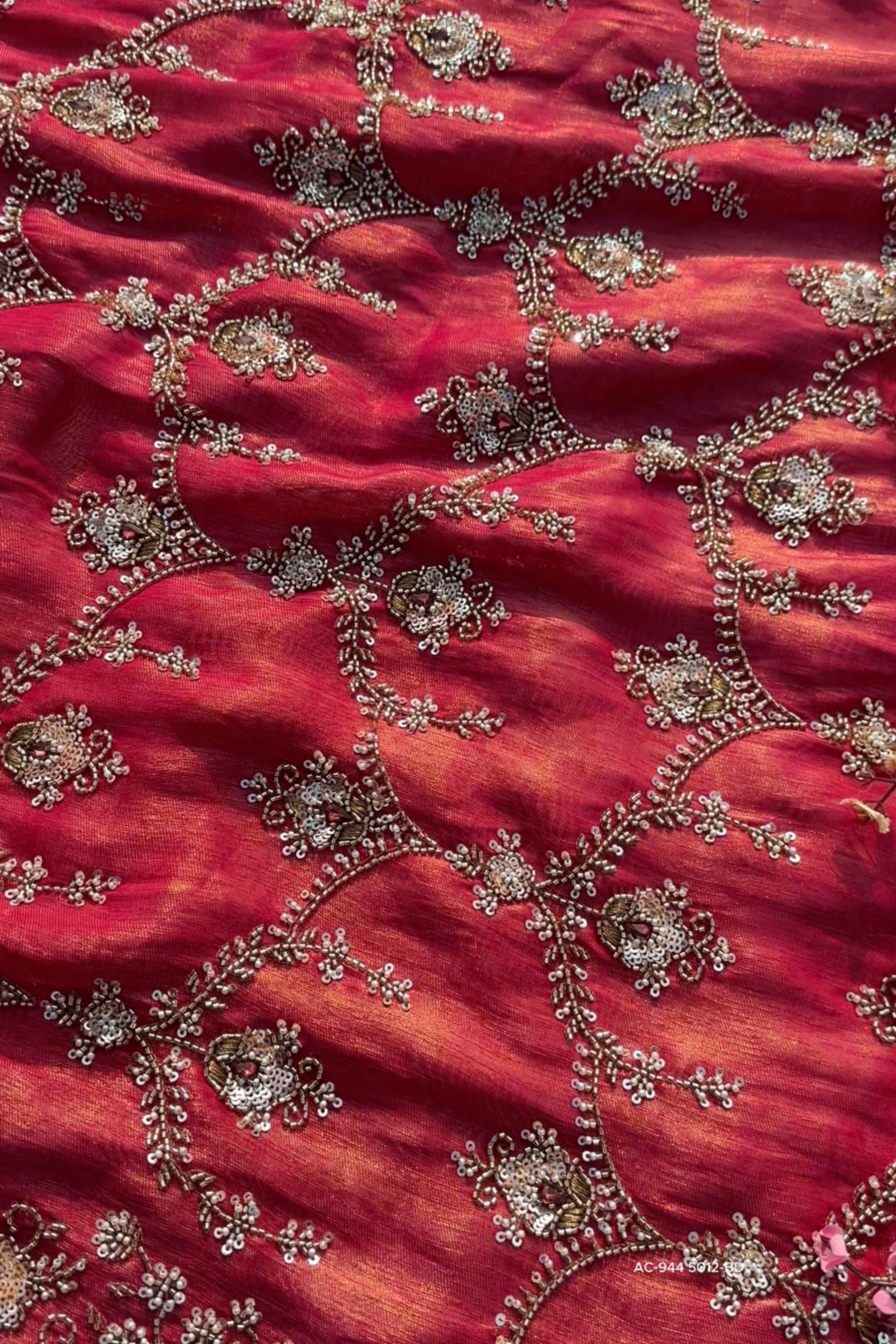 Red Tissue Saree With Moti, Cutdana & Sequins Work