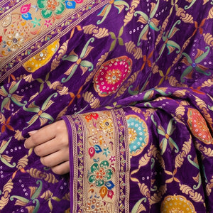 Purple Banarasi Silk Satin Unstitched Saree with Dabka, Sequins & Cut Dana Work
