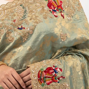 Sage Green Pure Tissue Banarasi Unstitched Saree with Sequins, Zari, Moti & Dori Work