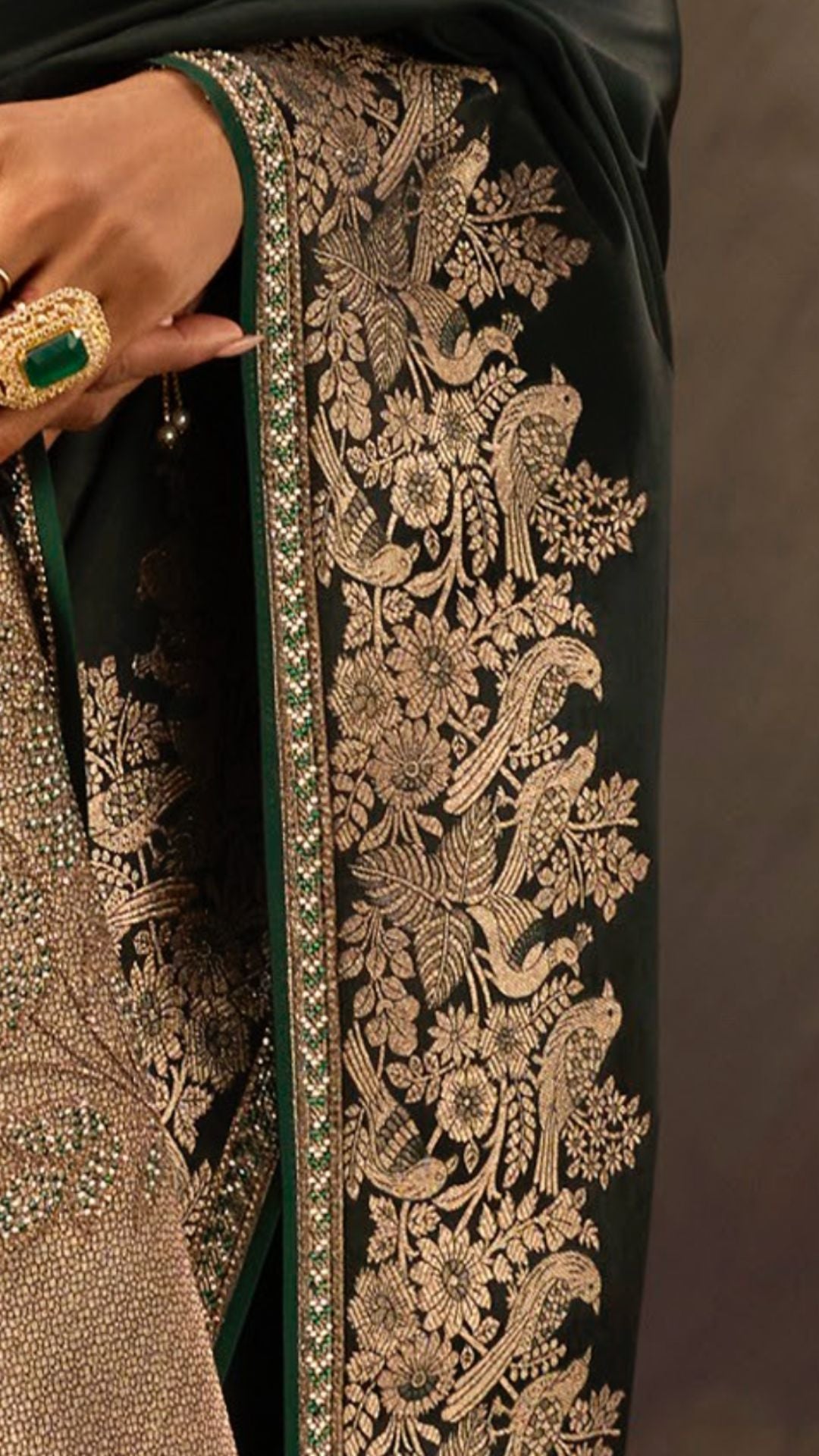 Dark Green Satin Saree With Swarovski Work