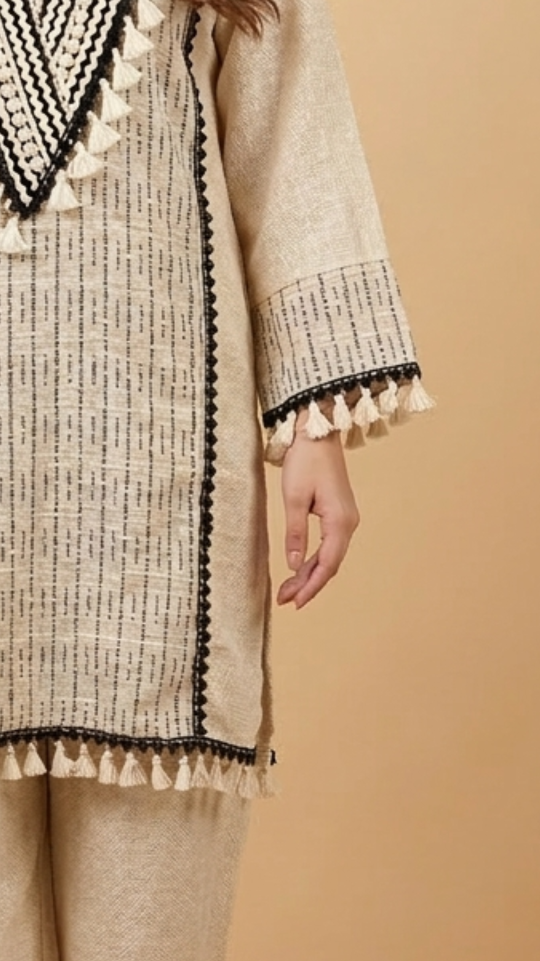 Beige and Cream Jute Embroidered Coord Set