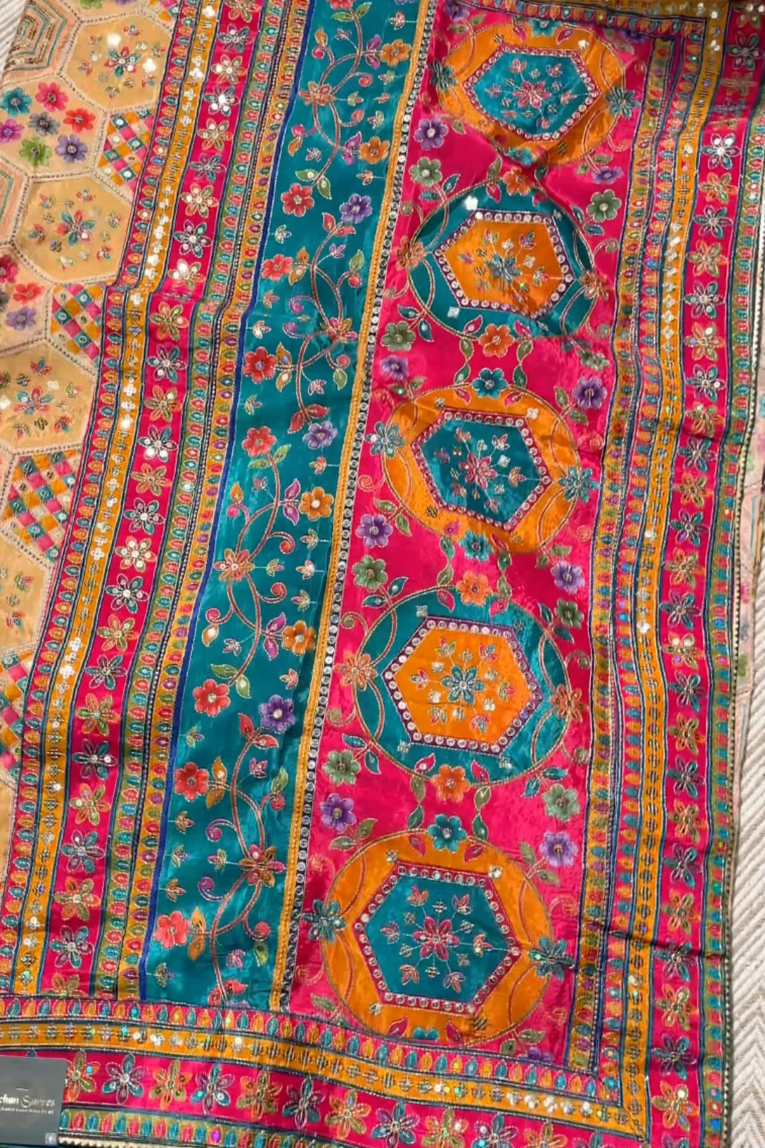 Multicolour Digital Printed Silk Ready Made Saree Embellished With Zari & Sequins Work