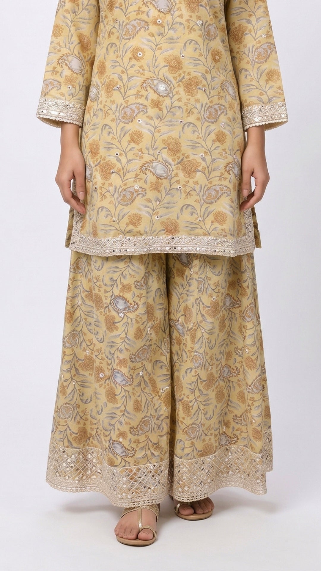 Yellow Digital Printed Cotton Suit With Thread & Patti Work