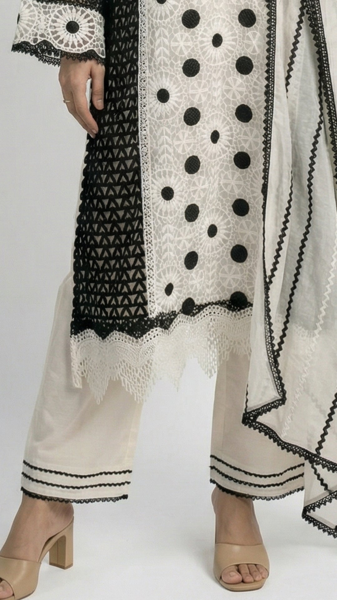 White Muslin Suit with Stone & Lace Detailing
