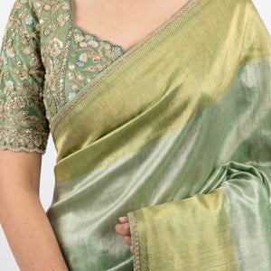Sage Green Silk Saree with Stitched Blouse and Zari, Cutdana & Sequins Work