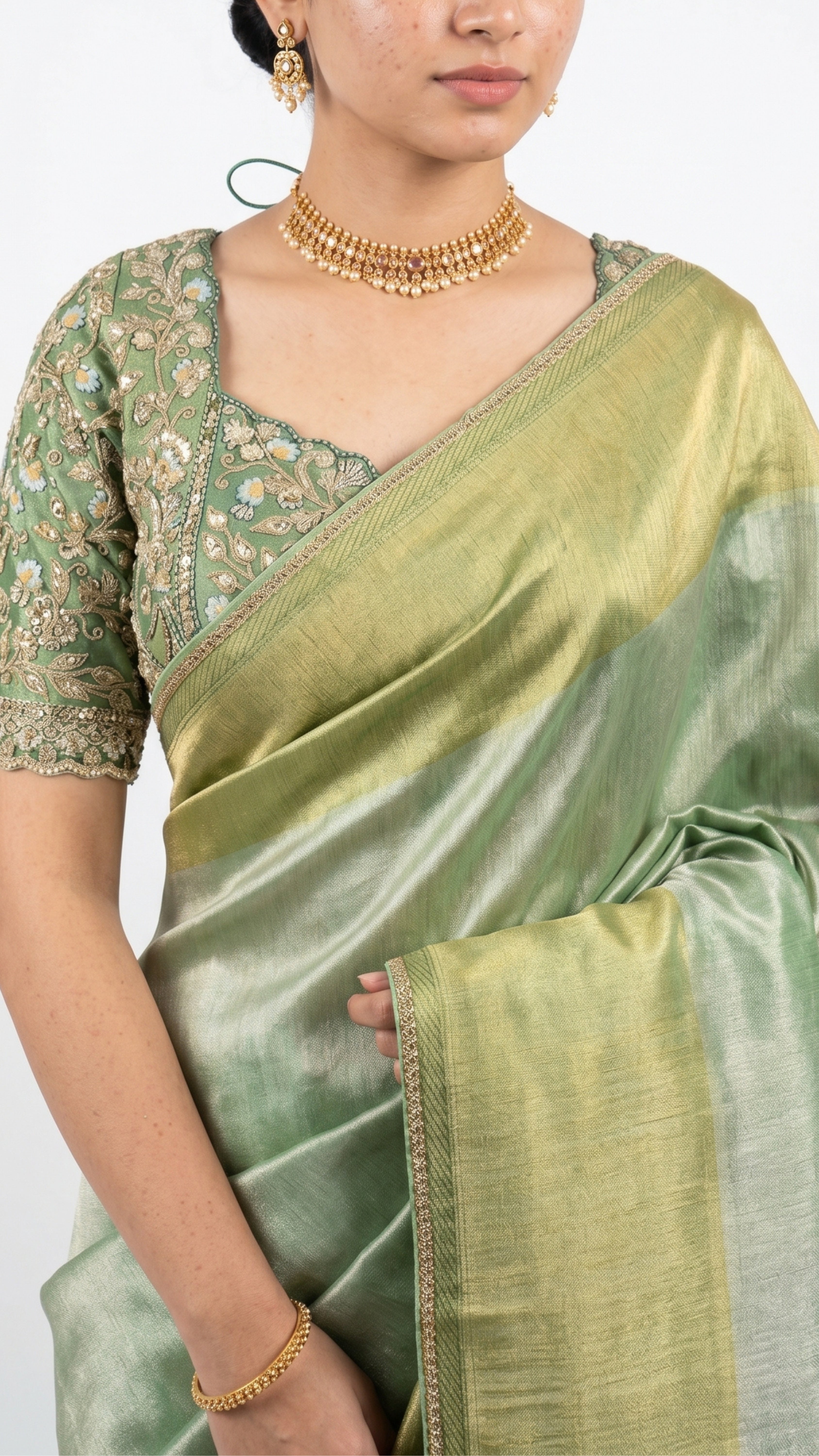 Sage Green Silk Saree with Stitched Blouse and Zari, Cutdana & Sequins Work