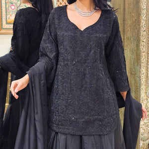 Black Organza Indowestern Top,Bottom and Dupatta with Cutdana and Dori Work