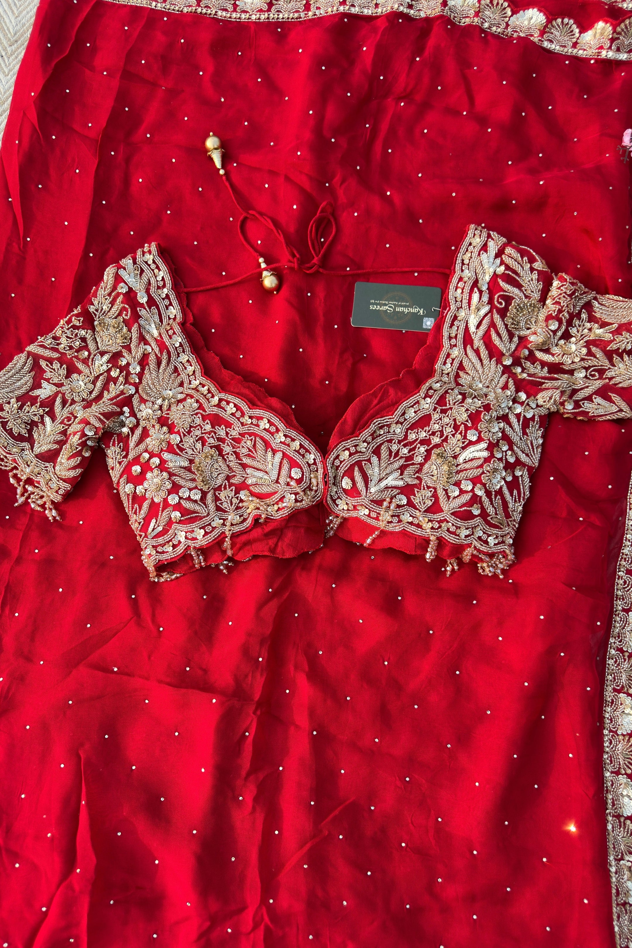 Red Organza Saree Embellished With Sequins & Cut Dana Work