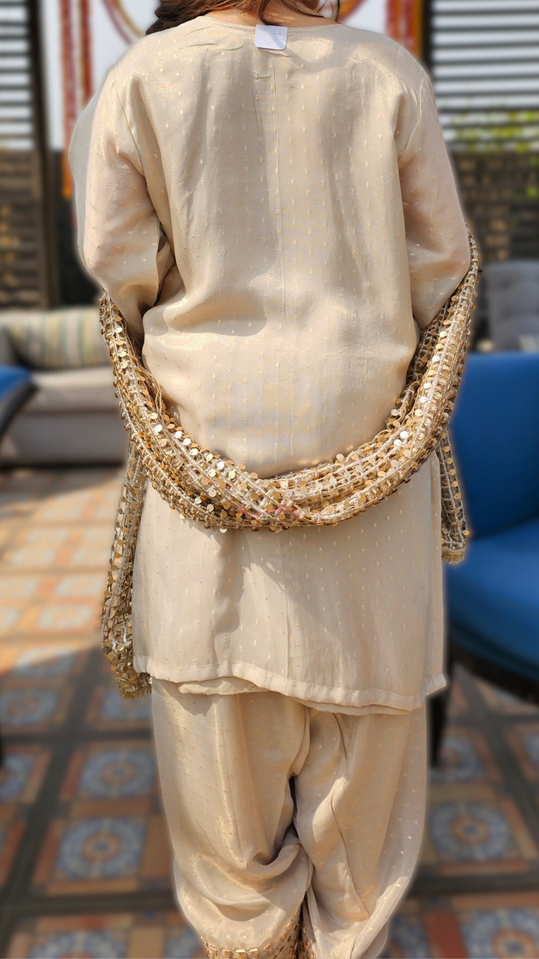 Beige Tissue Indo-Western with Dori, Zari, Gota Patti & Sipi Work