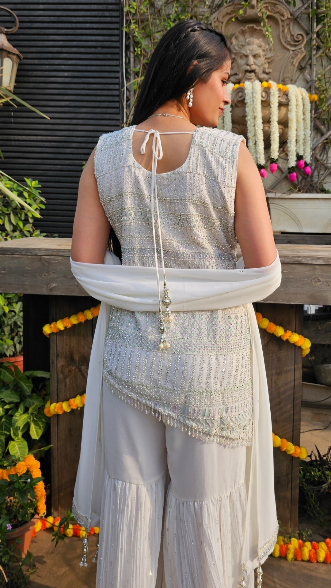 White Georgette Indo-Western with Thread, Stone & Pearl Work